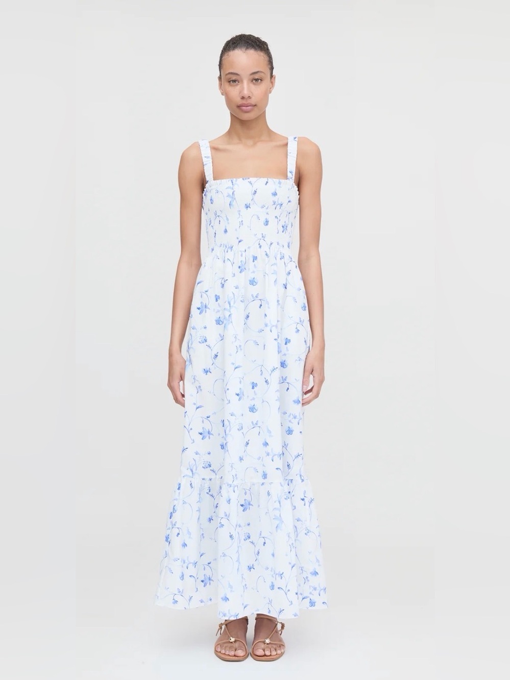 Hill House White Maxi Dress with Light Blue Floral Print